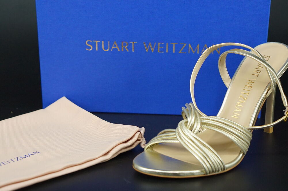 Stuart Weitzman Twist Sleek Gold Leather Sandal Heel Size 9.5 Metallic NIB $525